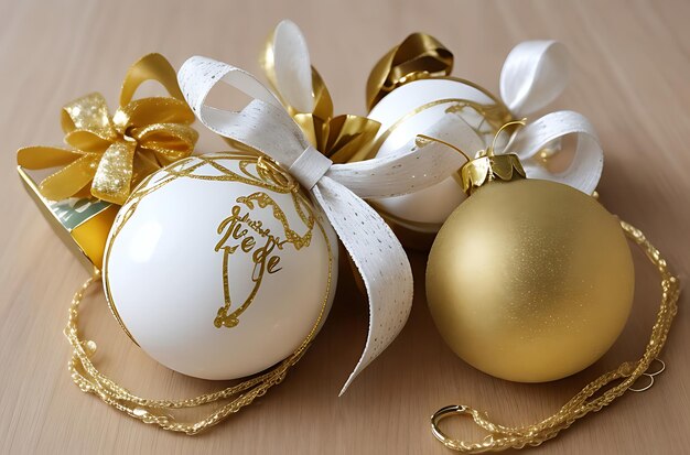 Foto regalo d'oro con un fiocco bianco a natale