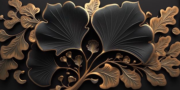 Golden Ginkgo Biloba leaves black background Luxury Floral art deco Gold natural pattern design AI illustration