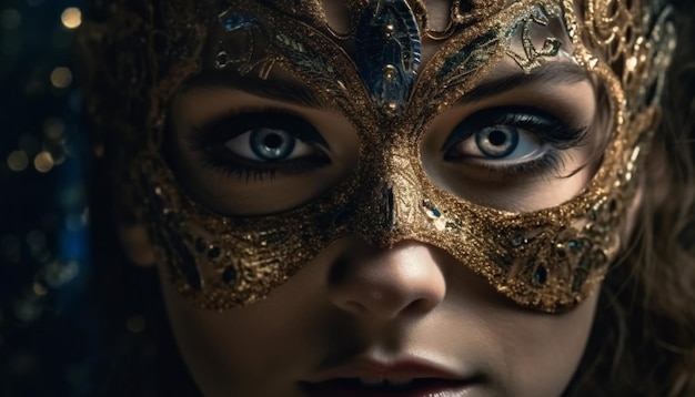 Золотая гламурная маска усиливает таинственную элегантность женщины, созданную искусственным интеллектом
