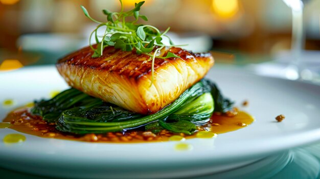 Photo golden glazed black cod on pak choi bed in michelin star setting