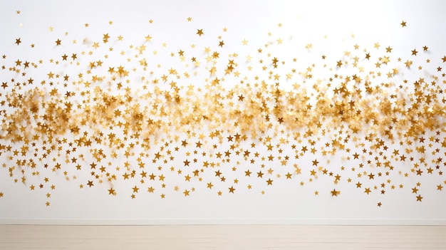Golden glitter confetti from stars Background of stars on a white background