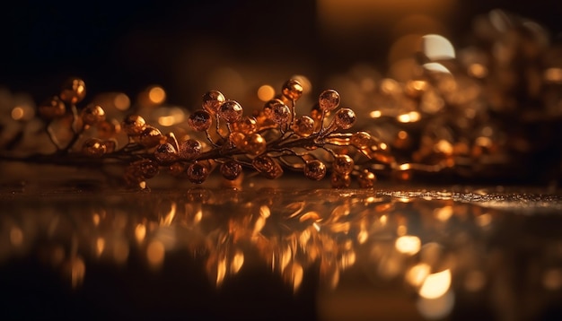 Golden glitter illuminates elegant Christmas decoration in defocused background generated by AI