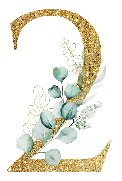 Golden glitter number 2 decorated with Watercolor eucalyptus branches isolated on white