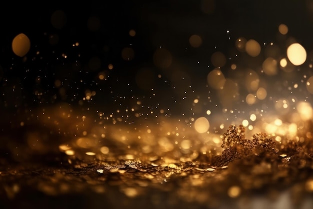 Golden glitter particles on a dark backdrop with bokeh and defocused abstract Twinkly Lights Shiny metallic texture for festive celebration and luxury party AI Generative