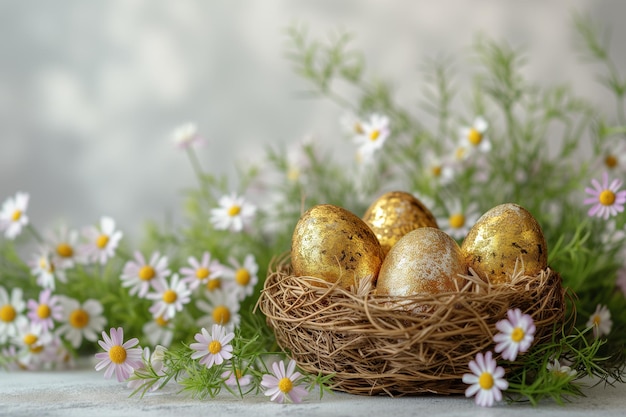 Golden glittering Easter eggs in straw basket among flowers