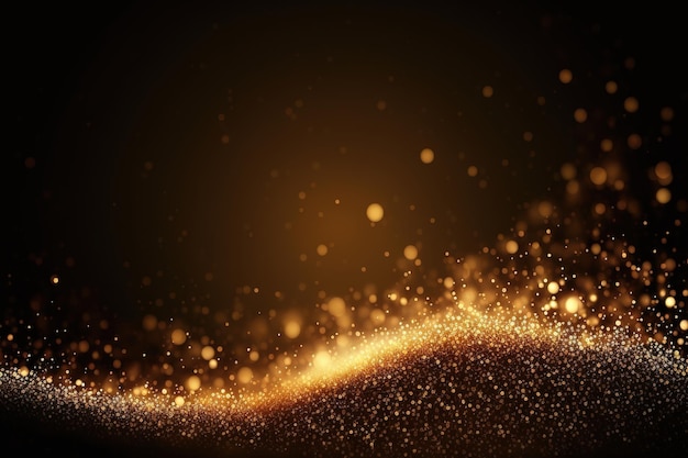 黒い背景に金色のきらびやかな粒子。抽象的な光る粒子ボケ