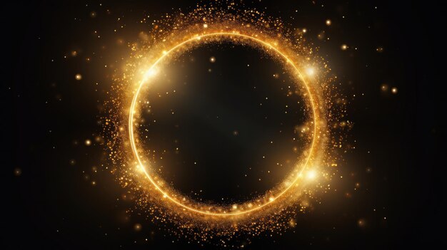 Golden glittery circle emitting light shining with sparkles and golden particles in a circular frame against a black background