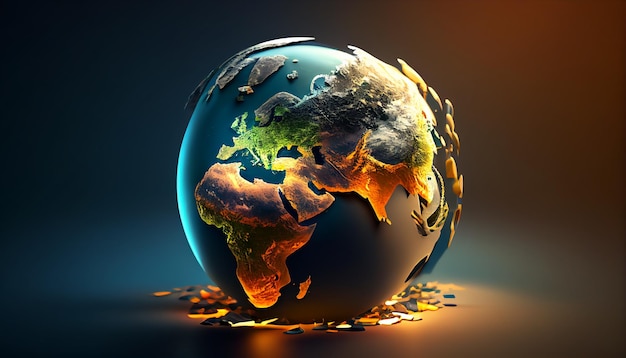 검은 배경에 골든 글로브 글로벌 무역을 상징하는 3D 지구 그림