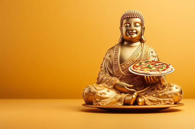 Golden glossy buddha with pizza isolated on pastel background with a place for text