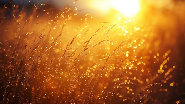 Photo the golden glow of a dawning sun casting long shadows on dewkissed blades of grass