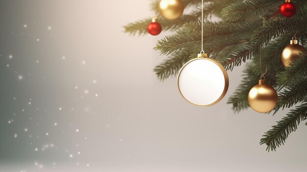 Golden glow white disk decoration on christmas tree with copy area