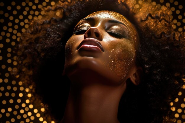 여자의 얼굴에 황금빛이 빛납니다.