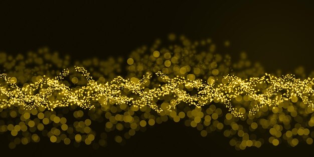 Golden glowing particle waves Golden bokeh abstract pattern black background and copy space