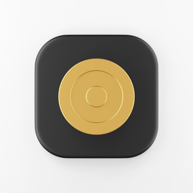 황금 목표 아이콘입니다. 3d 렌더링 검은색 사각형 키 버튼, 인터페이스 ui ux 요소.