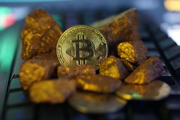 Golden gold bitcoin among pieces of gold