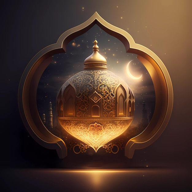 A golden and gold design with a dome and the moon in the background.