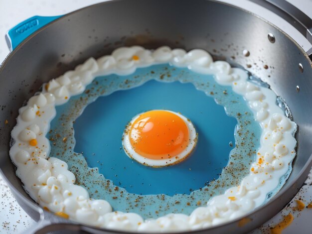 Photo golden goodness egg yolk in a blue frying pan stock editorial photo