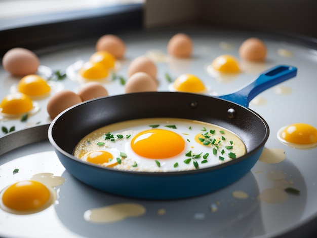 Golden Goodness Egg Yolk in a Blue Frying Pan Stock Editorial Photo