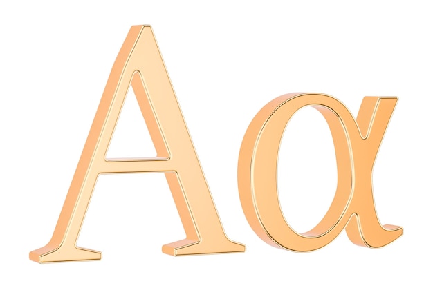 Golden Greek letter alpha 3D rendering