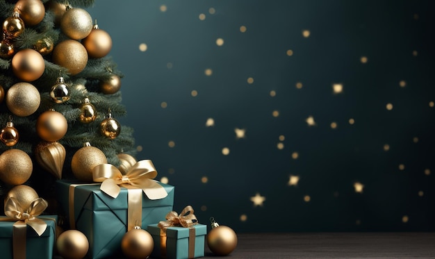 Golden and green Christmas tree and gift boxes Christmas background with copy space