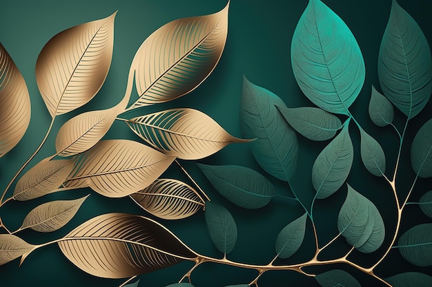 Golden and green leaves Beautiful minimalistic print for your decor for postcard congratulations and poster Generative AI