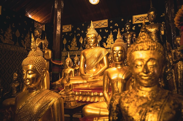 Golden group buddha faces statue meditation sitting with a Golden Buddha background up down and sitdown