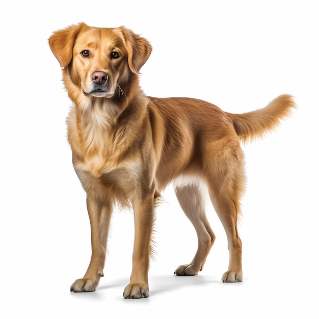 Golden haired dog full body picture in the style of photorealistic compositions white backgroun