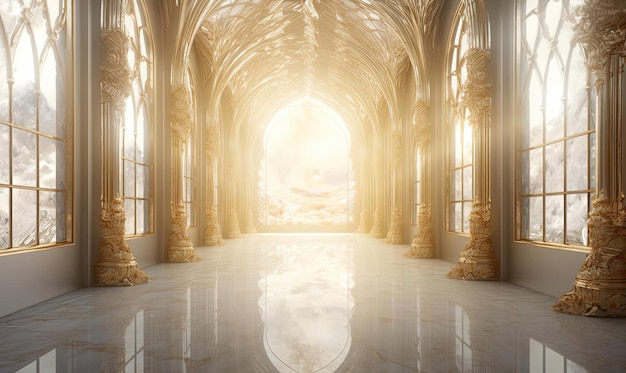 golden hallway inside an ornate castle in the style of hyperrealistic water