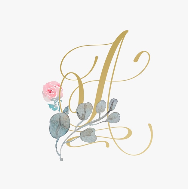 수제 장미 꽃과 황금 손 글자 글꼴