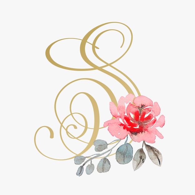 Golden hand lettering font with handmade rose flower