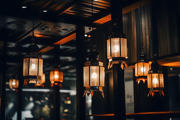 Golden hanging lanterns and mandala design decorated on arabic background