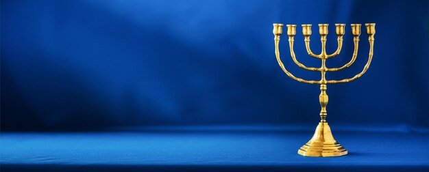 Photo golden hanukkah menorah on blue background jewish holiday banner with copy space ancient ritual religious candle menorah