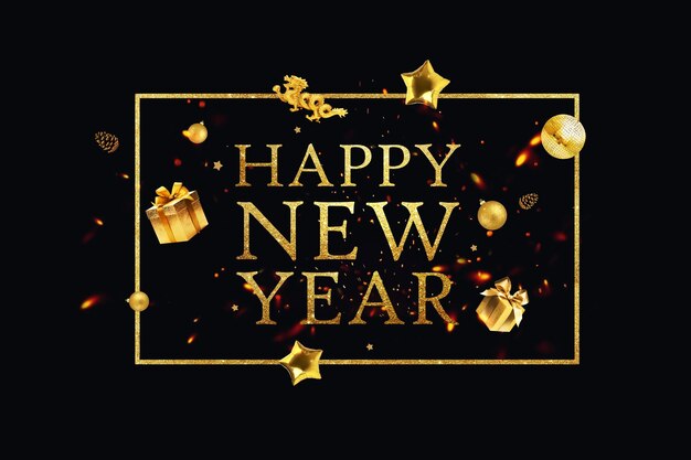 사진 황금색 프레임 드래곤 파티 거울 공 선물과 검은색 바탕에 날아다니는 소나무와 함께 황금 새해 축하 문자 럭셔리 새해 2024 카드