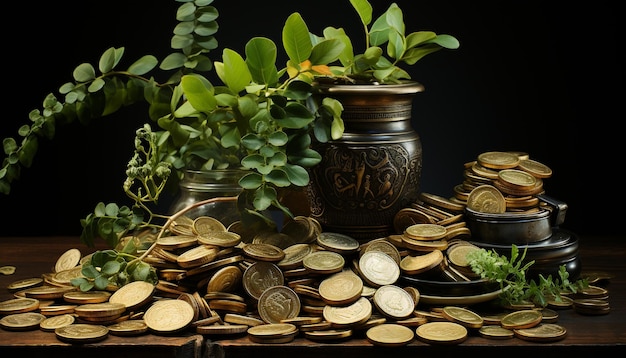 Photo a golden heap of coins grows in a wooden jar generated by artificial intelligence