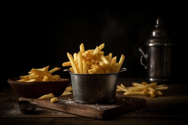 Golden Heap of Crispy French Fries in a Rustic Metal Cone on Dark Textured Wooden Table