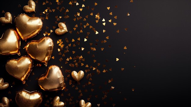 Photo golden heart balloons and confetti on a dark background for celebration