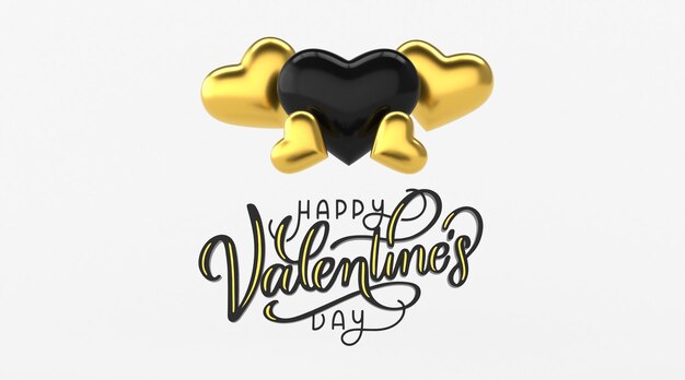 Golden heart balloons on white background, Black and gold colors, Valentine's day concept background