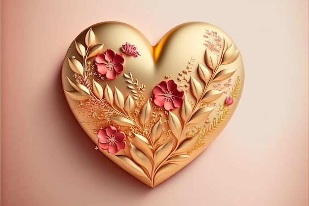 Golden heart pendant jewelry with flowers and leaves on it Luxury romantic necklace with embossed florals and blossoms Valentines day design illustration