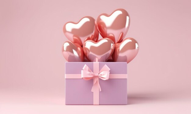 Golden heart shaped balloons in a pink box