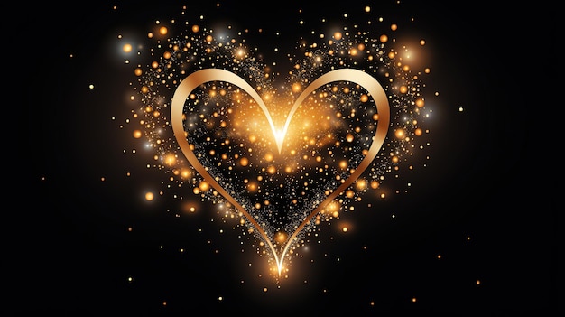 Золотое сердце с искрами Символ любви и романтики на черном фоне
