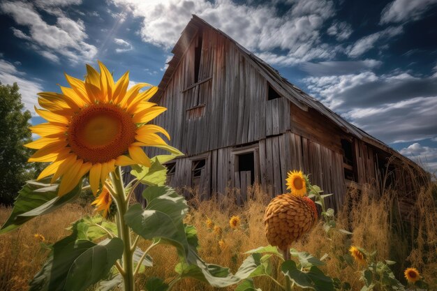 Foto gallina dorata tra i girasoli cielo blu e rustico fienile generativo ia