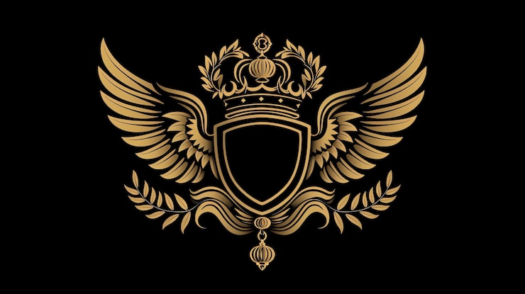 Photo golden heraldic emblem with wings shield crown and laurel wreath
