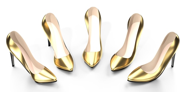 Golden high heel shoes isolated on white background