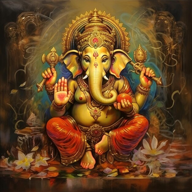 Golden Hindu God Ganesha Sitting on Lotus Flowers