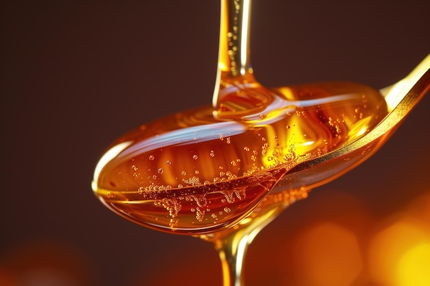 Golden honey drips off edge of spoon