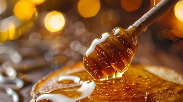 Golden honey drizzling from dipper sweet amber nectar pure organic honey in closeup healthy sweetening option delightful syrup for gourmet cooking AI