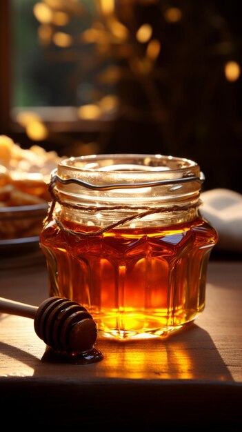 Golden honey fills glass jar resting on a rustic wooden table vertical mobile wallpaper