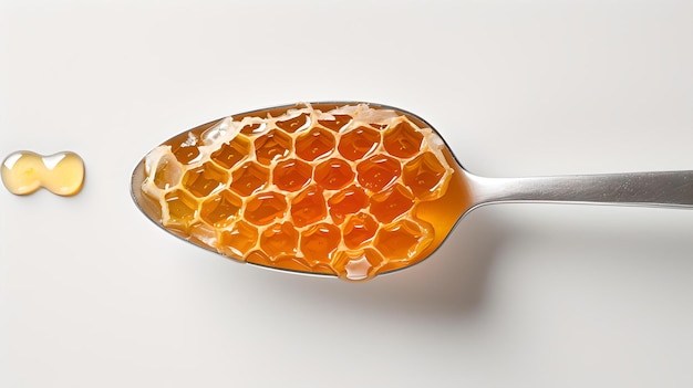 Golden honeycomb on a spoon with sweet syrup dripping healthy natural sweetener simple and clean design perfect for food and health topics AI