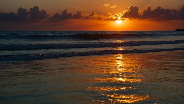 Photo golden horizon captivating ocean sunset scene with vibrant sky and serene beach ambiance