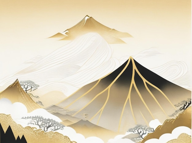 Golden Horizon Peaks Mountain and Golden Line Arts Background in Vector